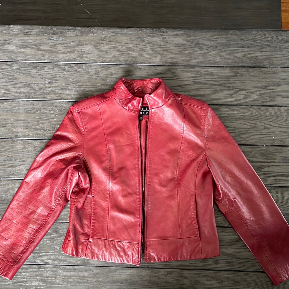 Large Siena Studio Red Leather Biker Jacket (zipper missing)